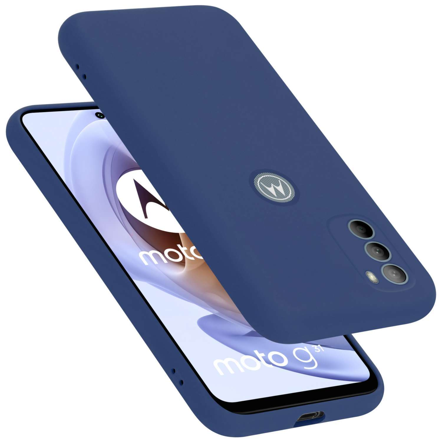 Eine blaue Telefonhülle mit einem Telefon darin. Das Telefon ist blau und hat das Logo der Marke.