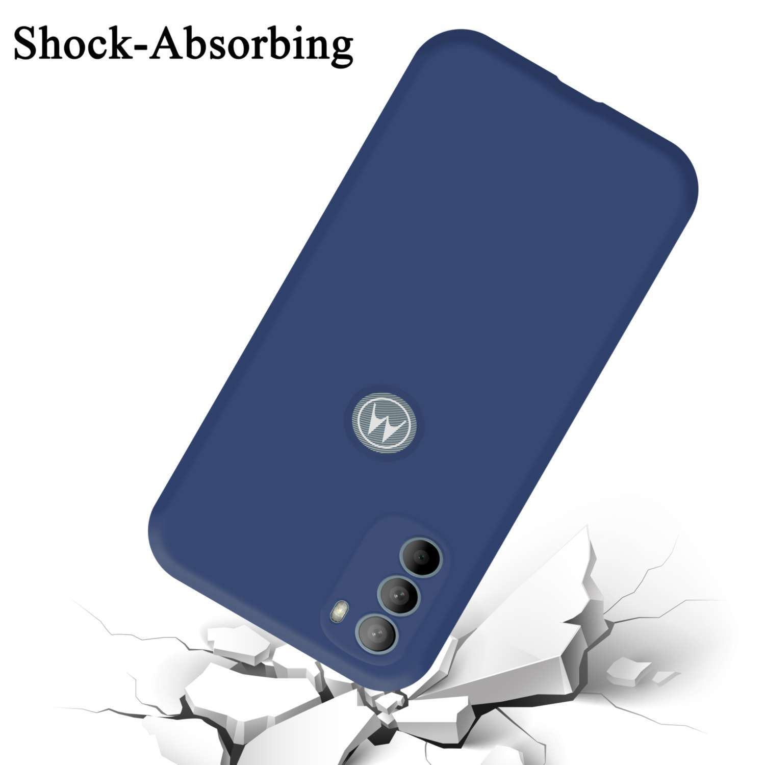 Blaue Handyhülle mit stoßdämpfendem Design, die Hülle ist zerbrochen.
