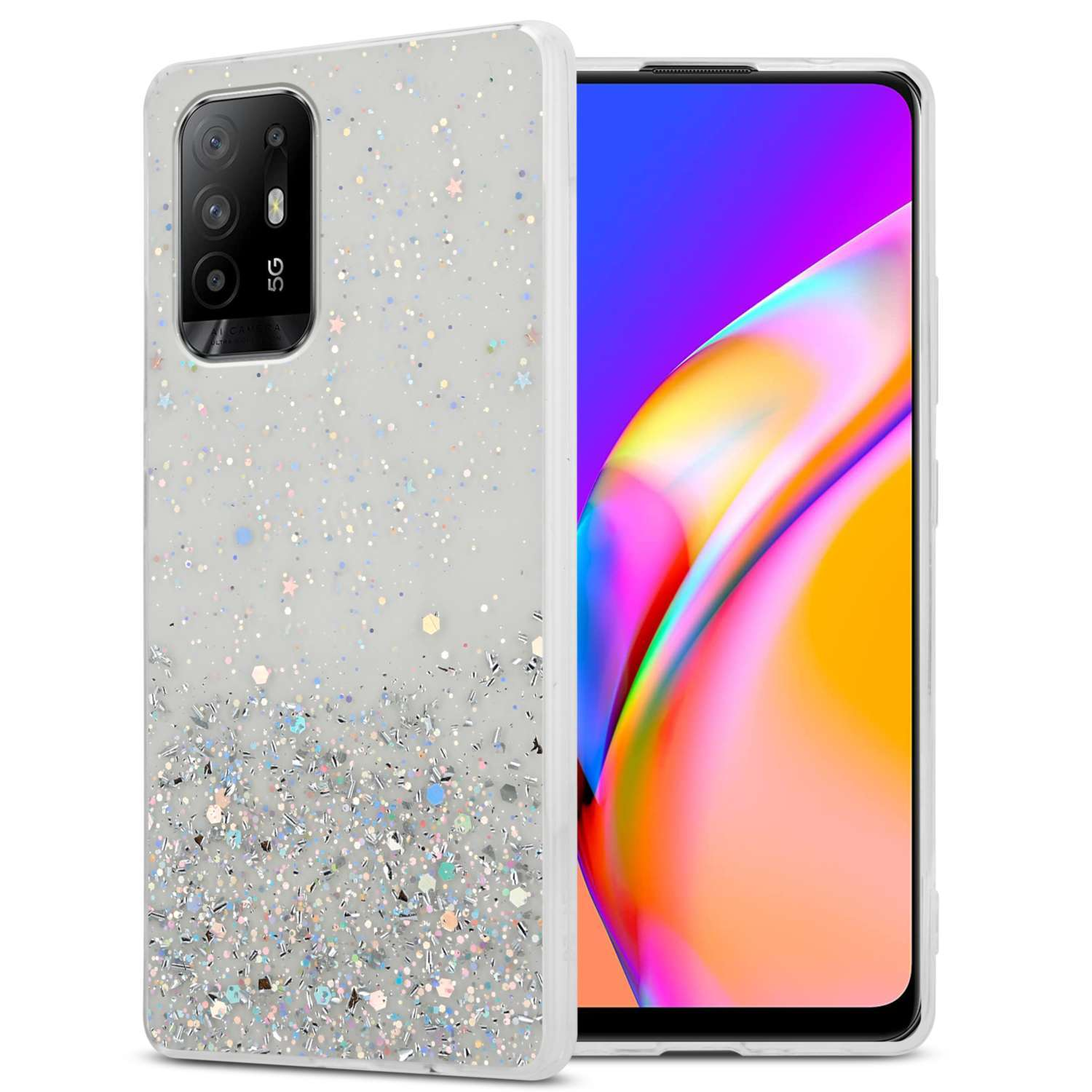 Ein Telefon in einer glitzernden Hülle. Die Hülle ist weiß mit Silberglitter.