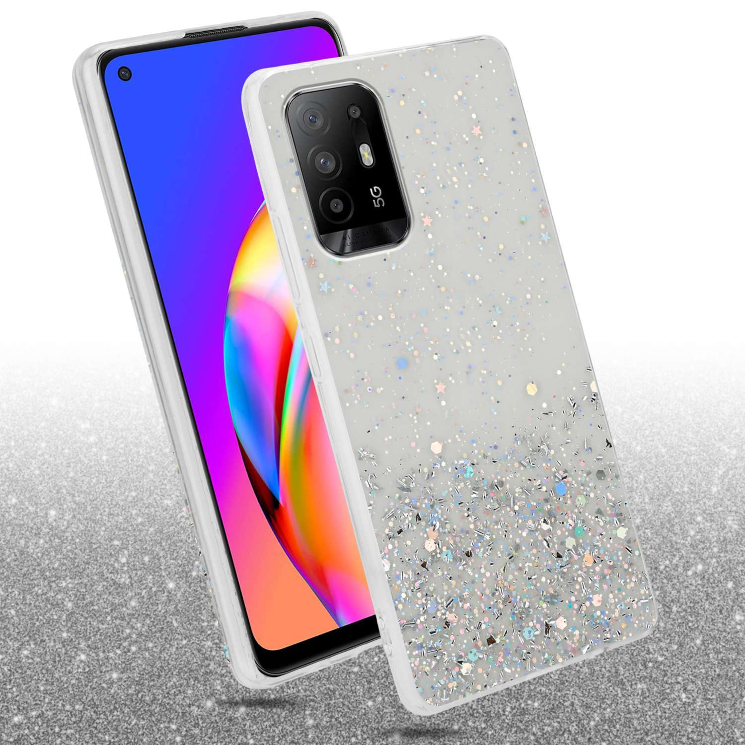Eine Handyhülle mit silbernem Glitzerdesign, mit teilweise sichtbarem Telefon.