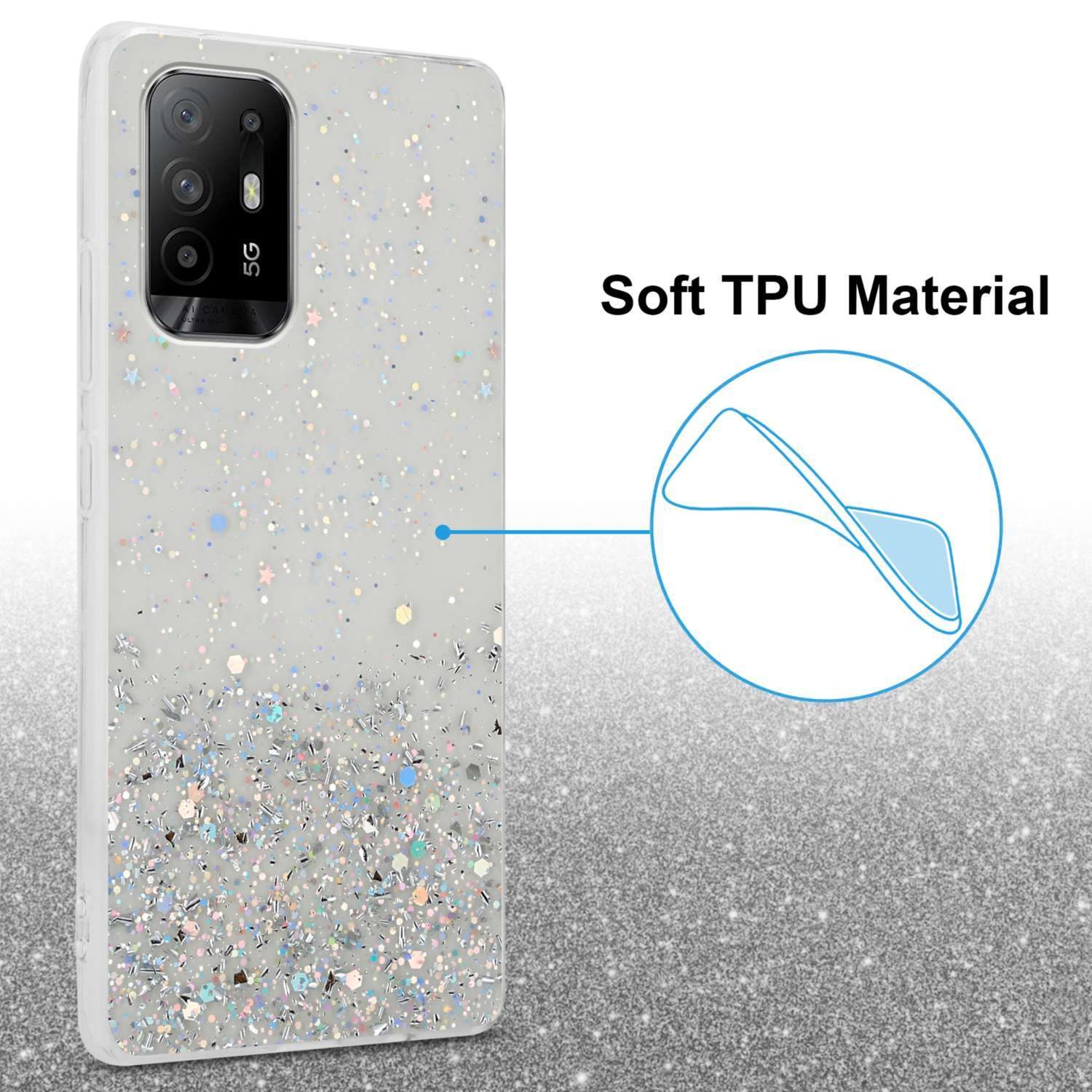 Glitzernde Handyhülle mit weißer Basis und funkelndem Design. Text: Weiches TPU-Material.
