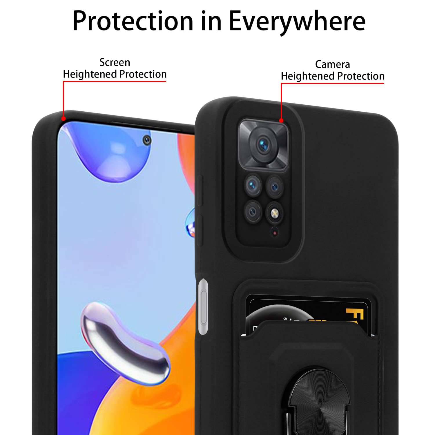 Schwarze Handyhülle, schützt die Telefonecken. Text weist auf erhöhten Schutz für Bildschirm und Kamera hin.