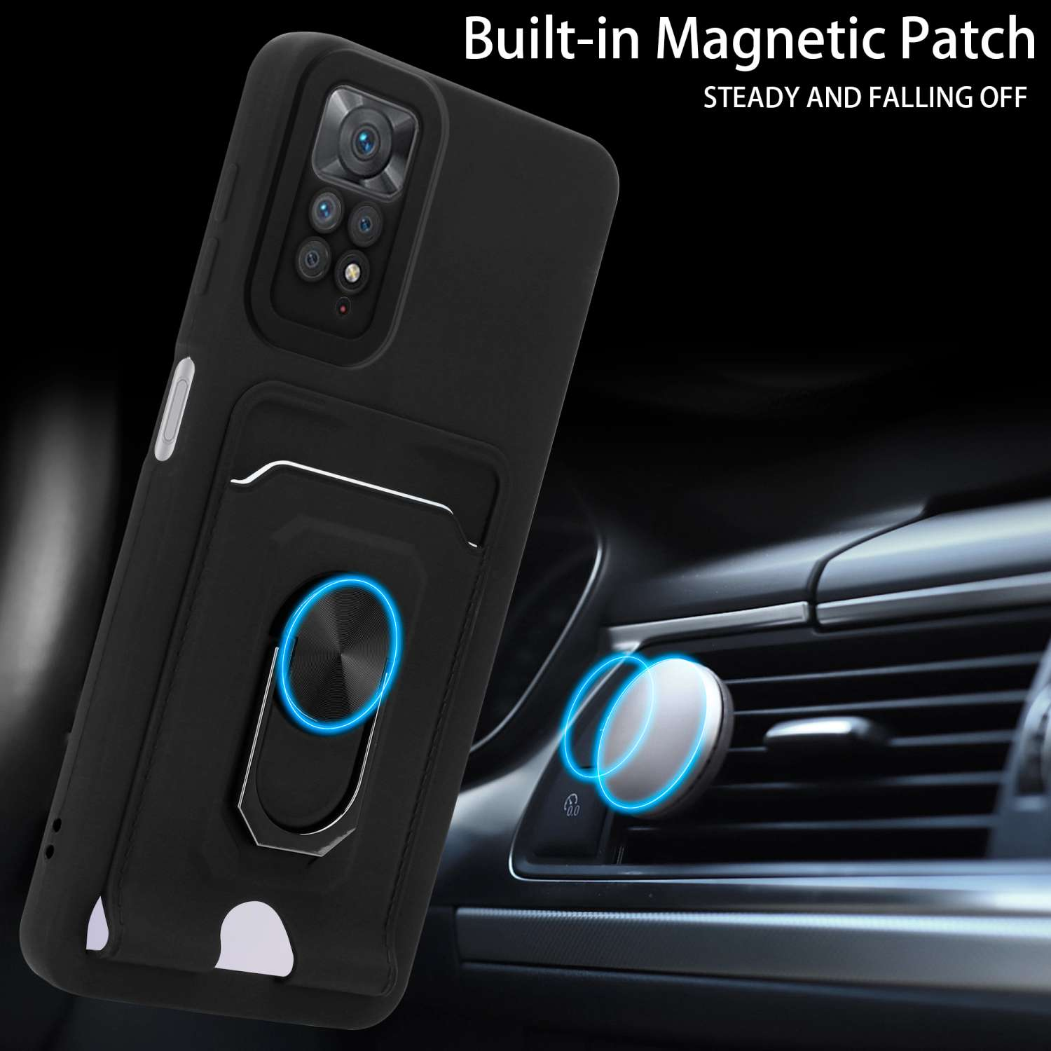 Schwarze Handyhülle mit Ringhalter und Magnetpatch. Der Innenraum des Autos ist im Hintergrund.