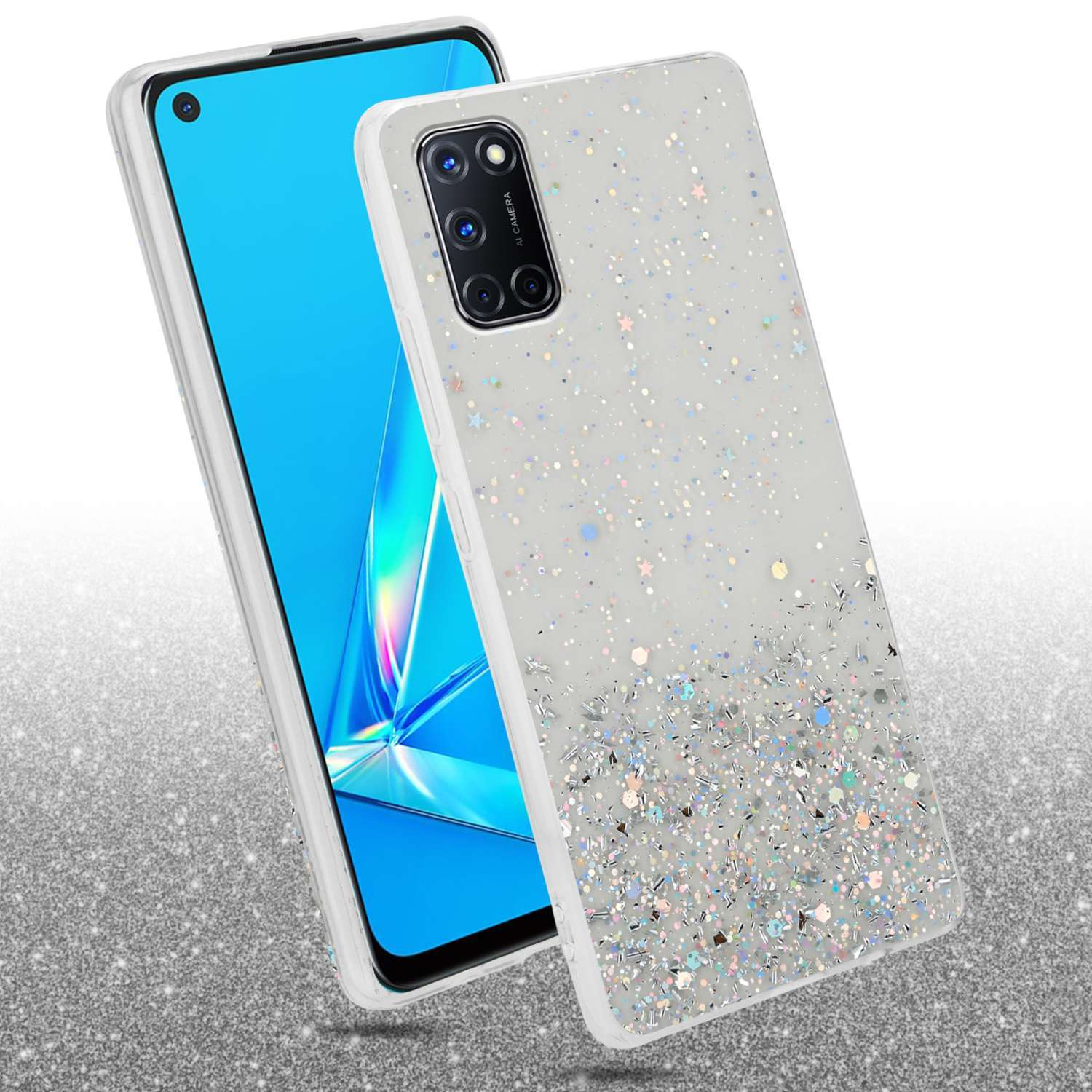 Una custodia per telefono bianca con un design glitterato, con un telefono all'interno e appoggiata su una superficie glitterata.