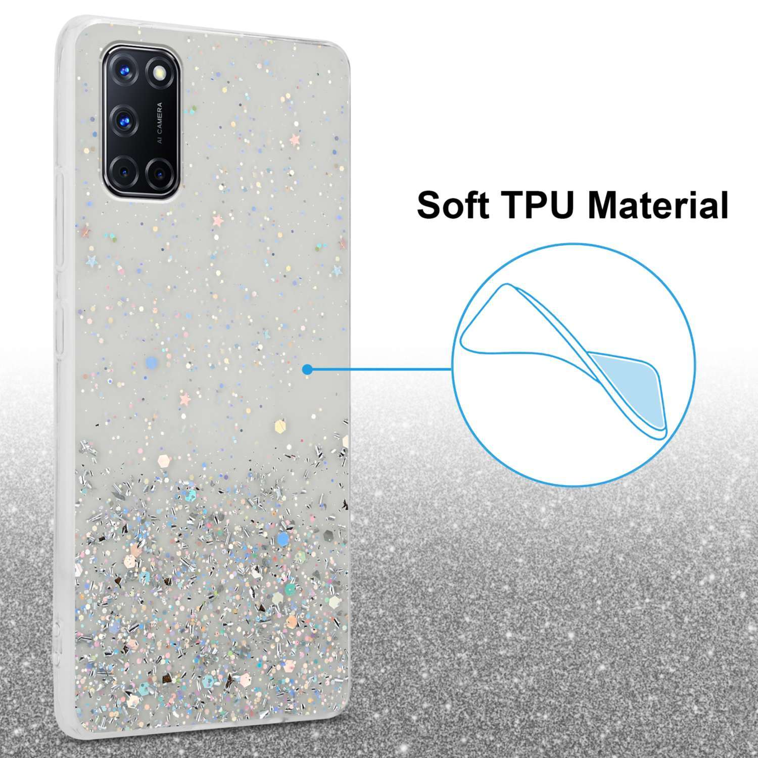 Custodia per telefono glitterata con testo Soft TPU Material. La custodia ha un design glitterato. Lo sfondo è lucido.