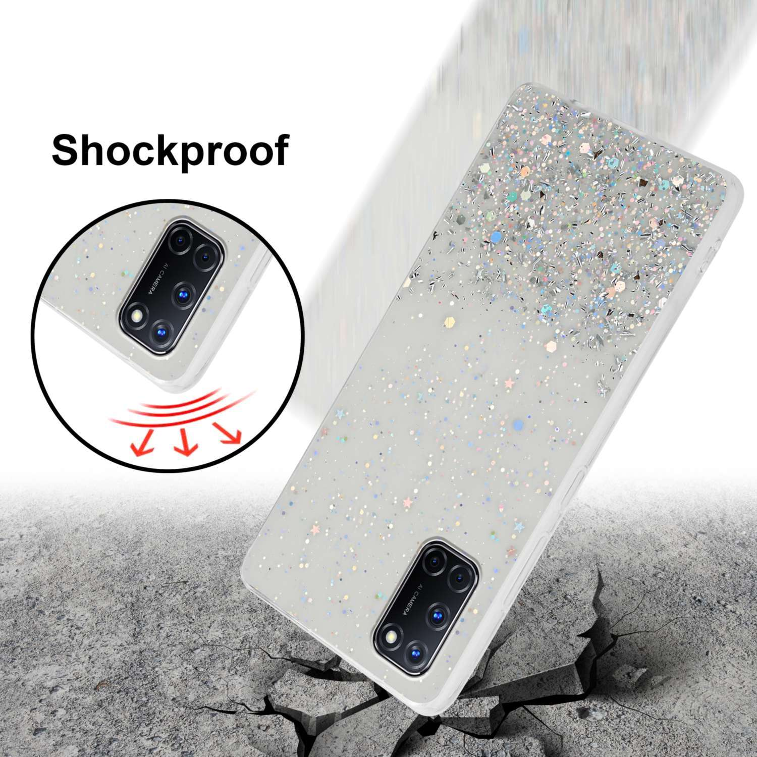 Custodia per telefono scintillante con design antiurto, un telefono sul terreno distrutto.