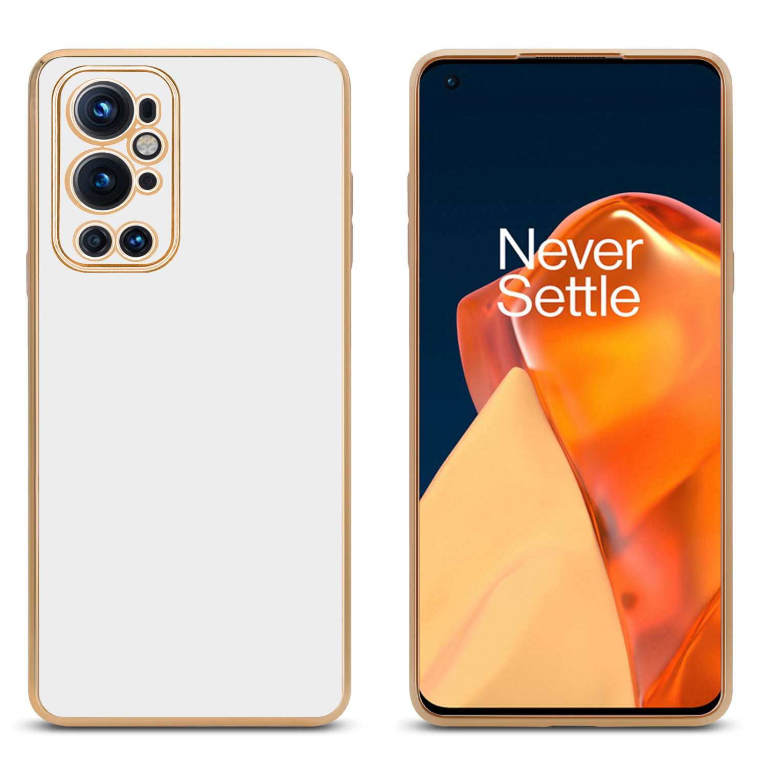 Due telefoni, uno in una custodia bianca e oro e l'altro che mostra una grafica che dice 'Never Settle'.
