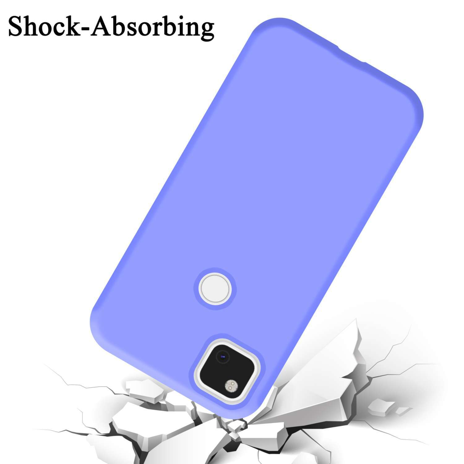 Una custodia per telefono viola che cade su una superficie, con crepe visibili. Il testo dice 'Shock-Absorbing'.