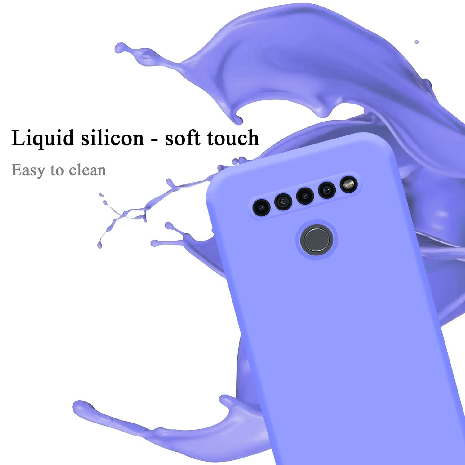 Una custodia viola con schizzi di liquido e testo: 'Liquid silicon - soft touch'.