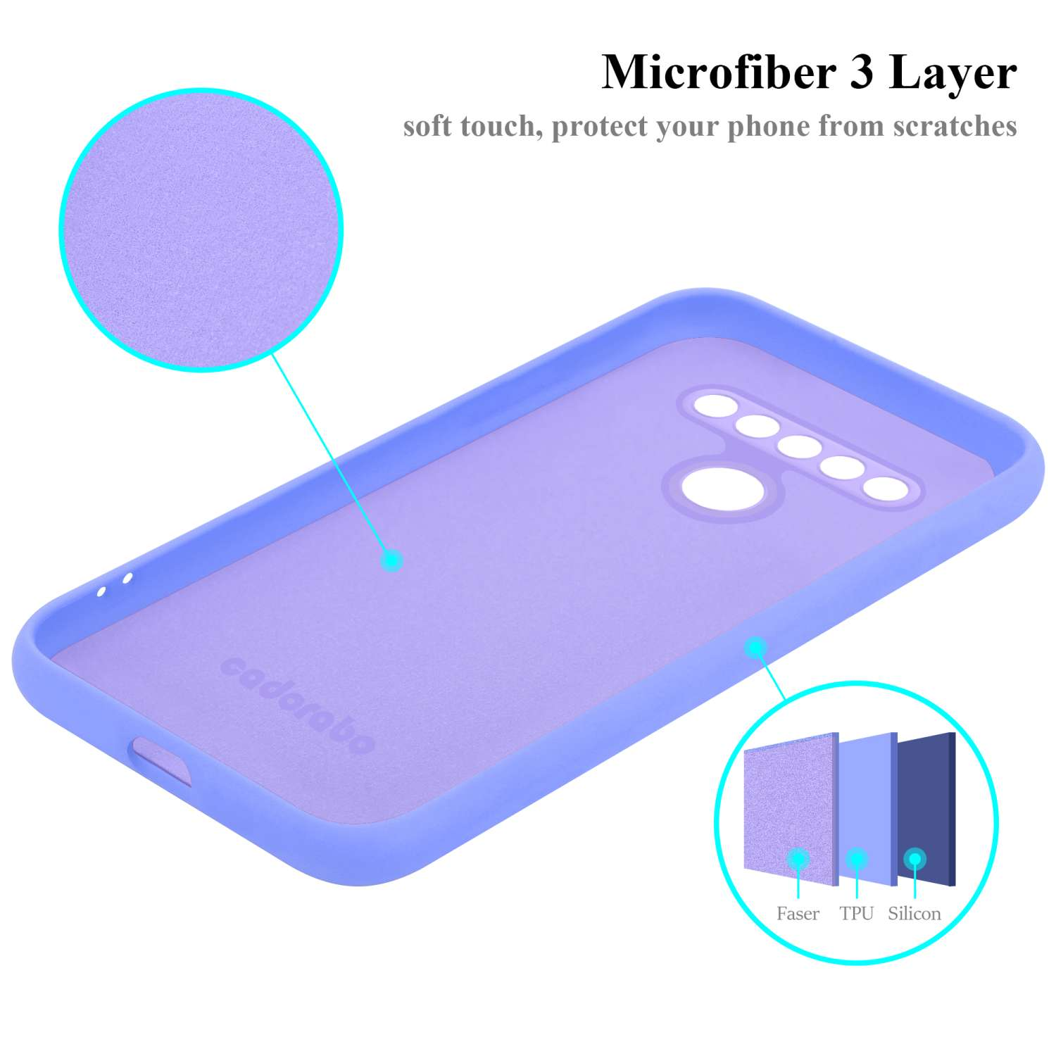 Custodia per telefono viola con "Microfiber 3 Layer". Primo piano mostra gli strati: Faser, TPU e Silicio.