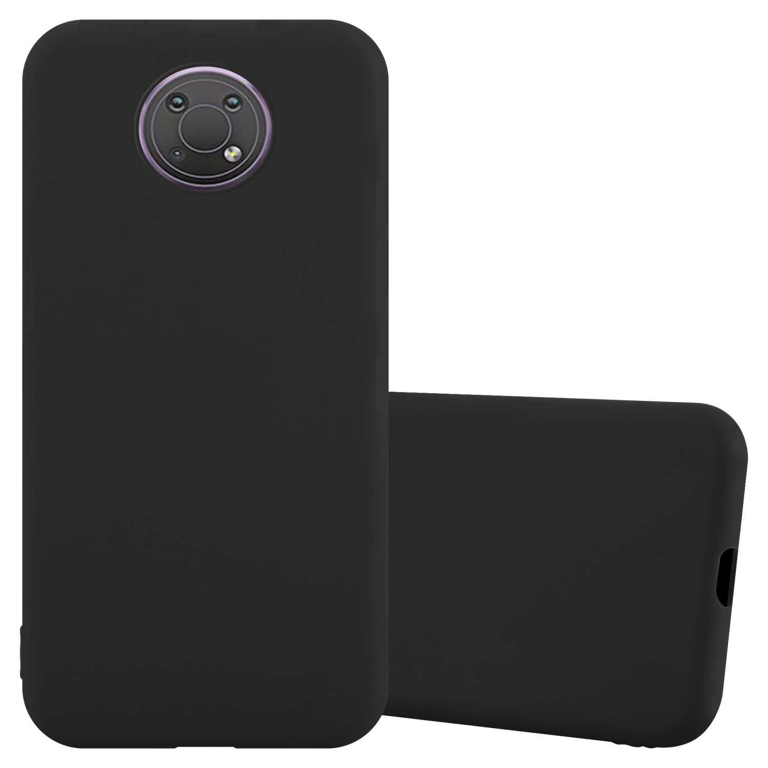 Ein Telefon mit schwarzem Gehäuse. Das Gehäuse bedeckt die Rückseite und die Seiten des Telefons. Die Kamera ist sichtbar.