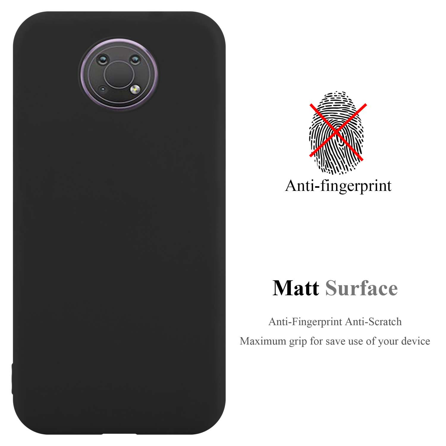 Schwarze Handyhülle mit durchgestrichenen Fingerabdrücken und dem Text 'Matt Surface' und 'Anti-Fingerabdruck'.