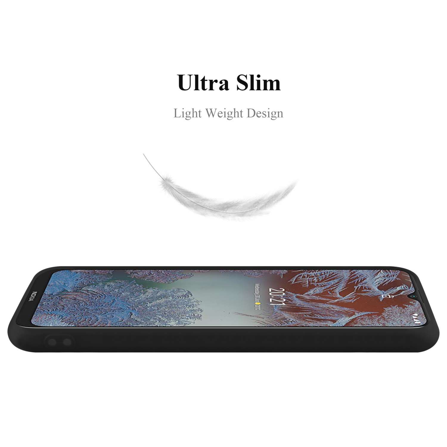Schwarzes Telefon mit schlankem Design, weiße Feder, die darüber schwebt. Weißer Hintergrund.