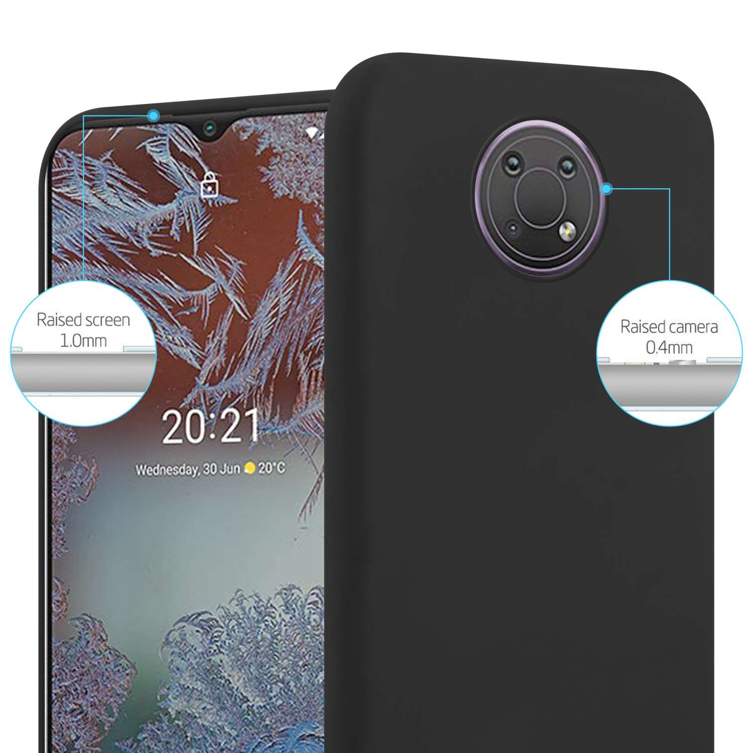 Schwarze Handyhülle mit Telefon darin. Erhöhte Bildschirm- und Kameraränder sind hervorgehoben. Telefon zeigt Zeit und Datum.