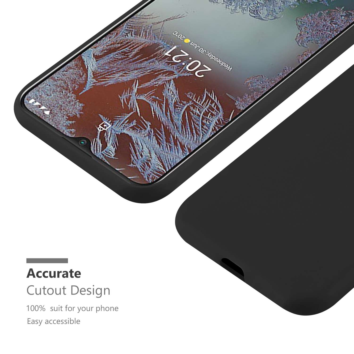 Telefondisplay zeigt 20:21 Uhr, mit schwarzer Handyhülle. Text 'Präzises Ausschnittdesign'.