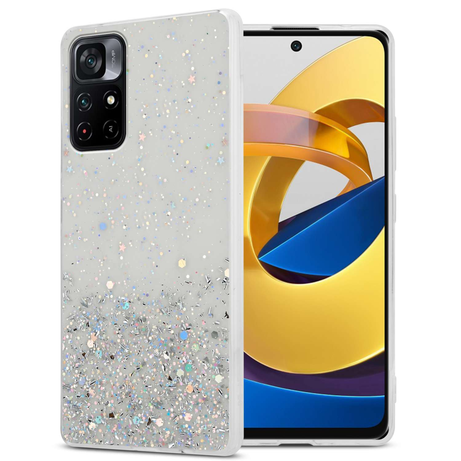CADORABO Schutzhülle mit funkelnden Glitter, POCO PRO Glitter 5G, Backcover, Transparent Xiaomi, mit M4