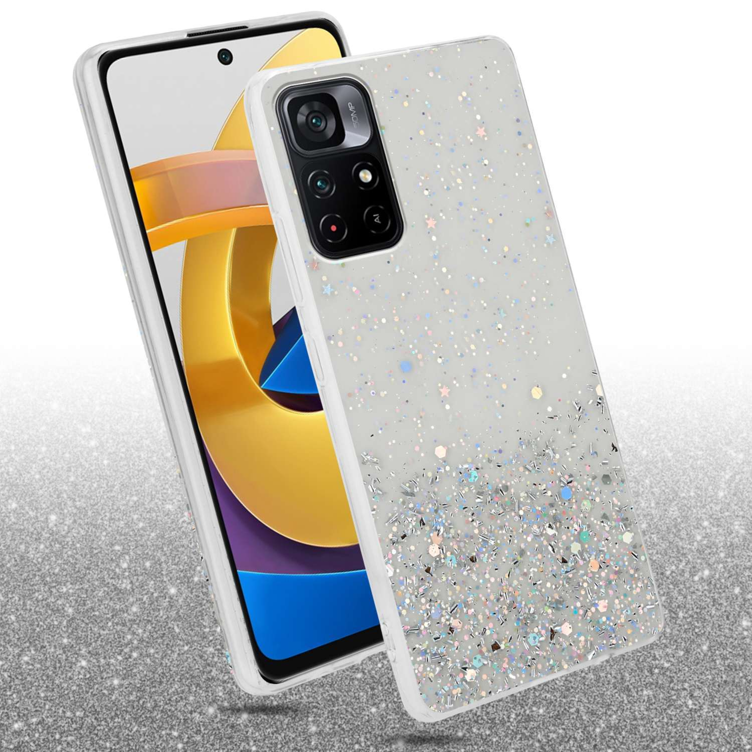 Custodia bianca con design glitterato. Il telefono è mostrato con schermo e sporgenza fotocamera.