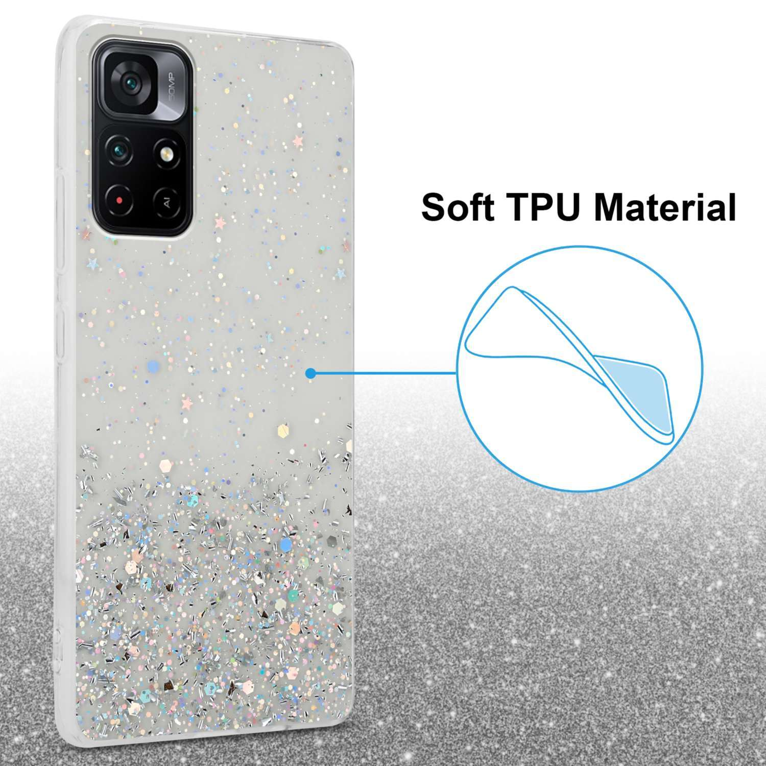 Una custodia per telefono con glitter e un telefono all'interno. La custodia è trasparente con glitter che svaniscono.