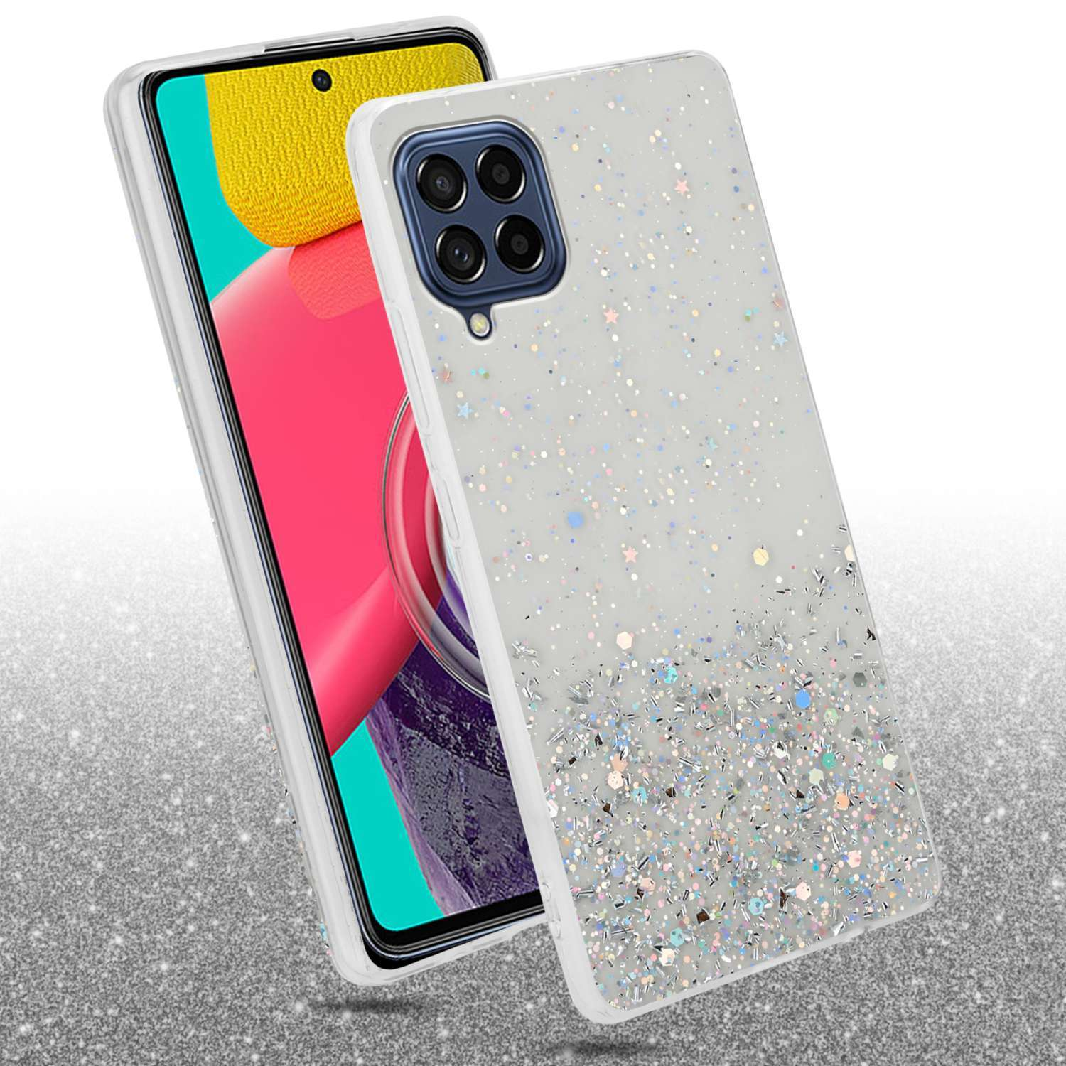 Custodia per telefono bianca con design glitterato, custodia appoggiata al telefono.