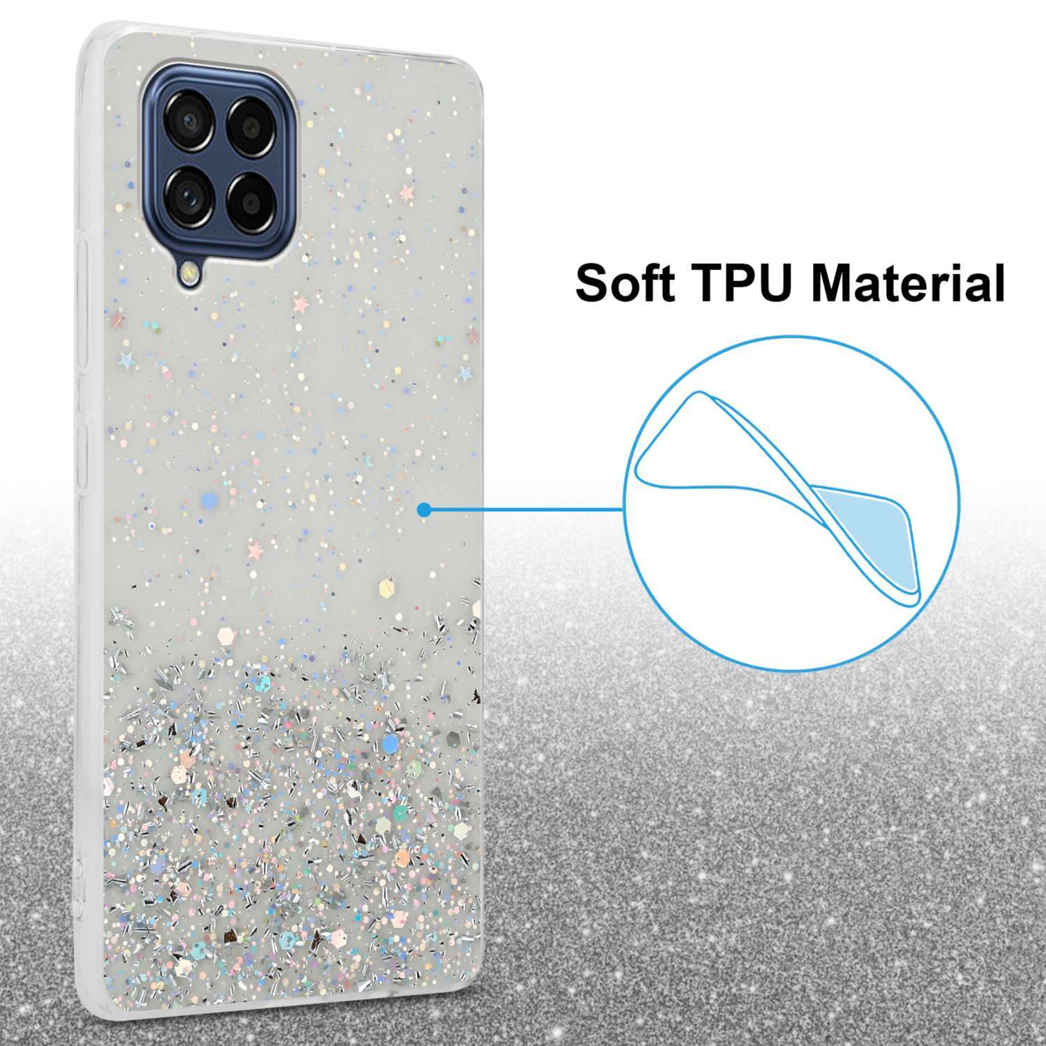 CADORABO Schutzhülle Glitter Glitter, 5G, mit Samsung, Galaxy M53 Backcover, Transparent funkelnden mit