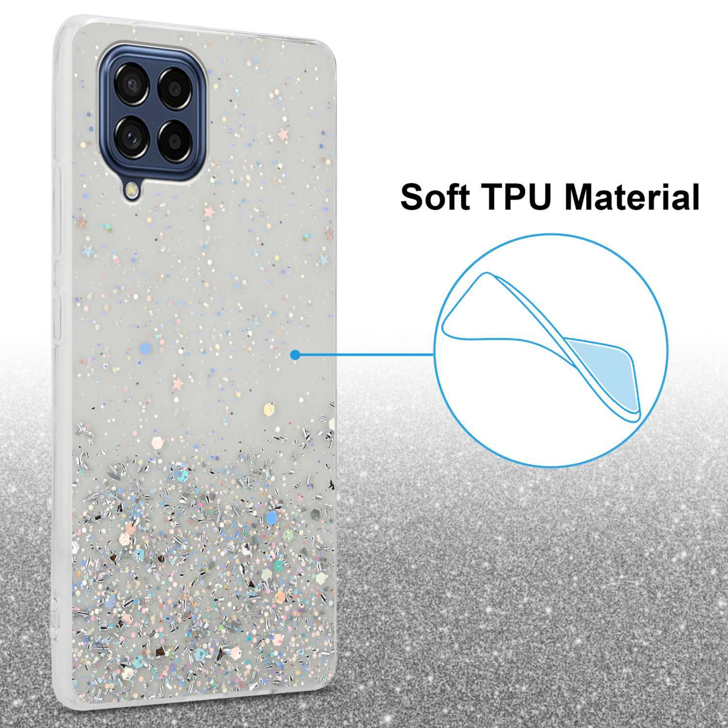 Custodia per telefono con glitter, bianca con glitter argentati e retro lucido.