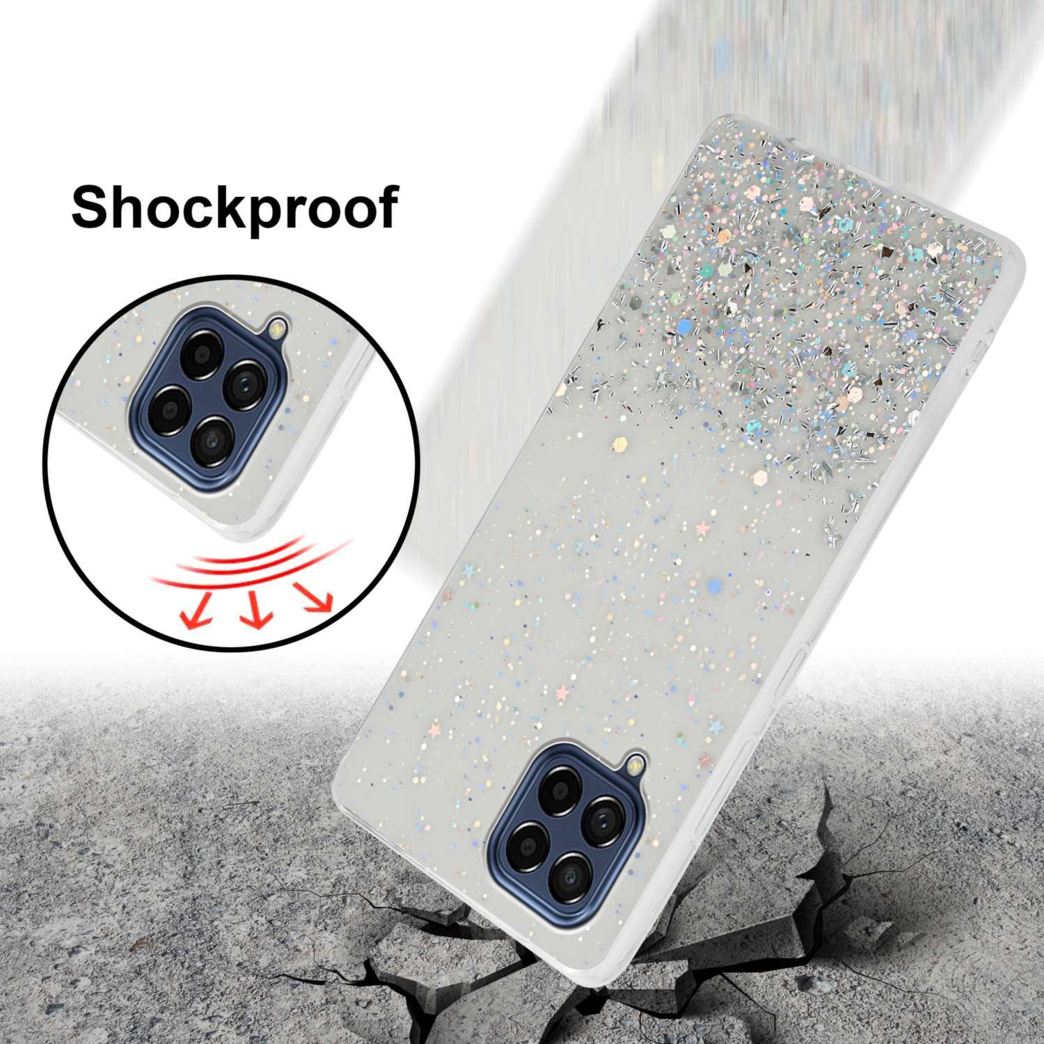 Custodia bianca per telefono con glitter. La custodia è su una superficie incrinata.