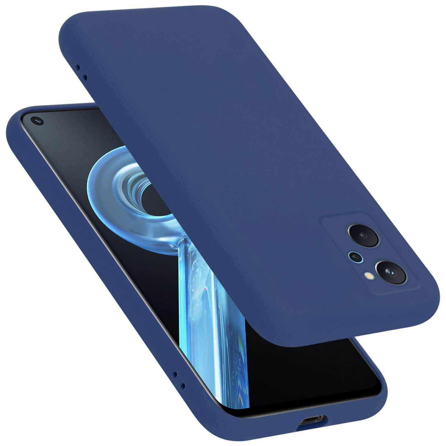 Telefono blu con una custodia blu sopra. Il telefono ha tre fotocamere e una fotocamera frontale.