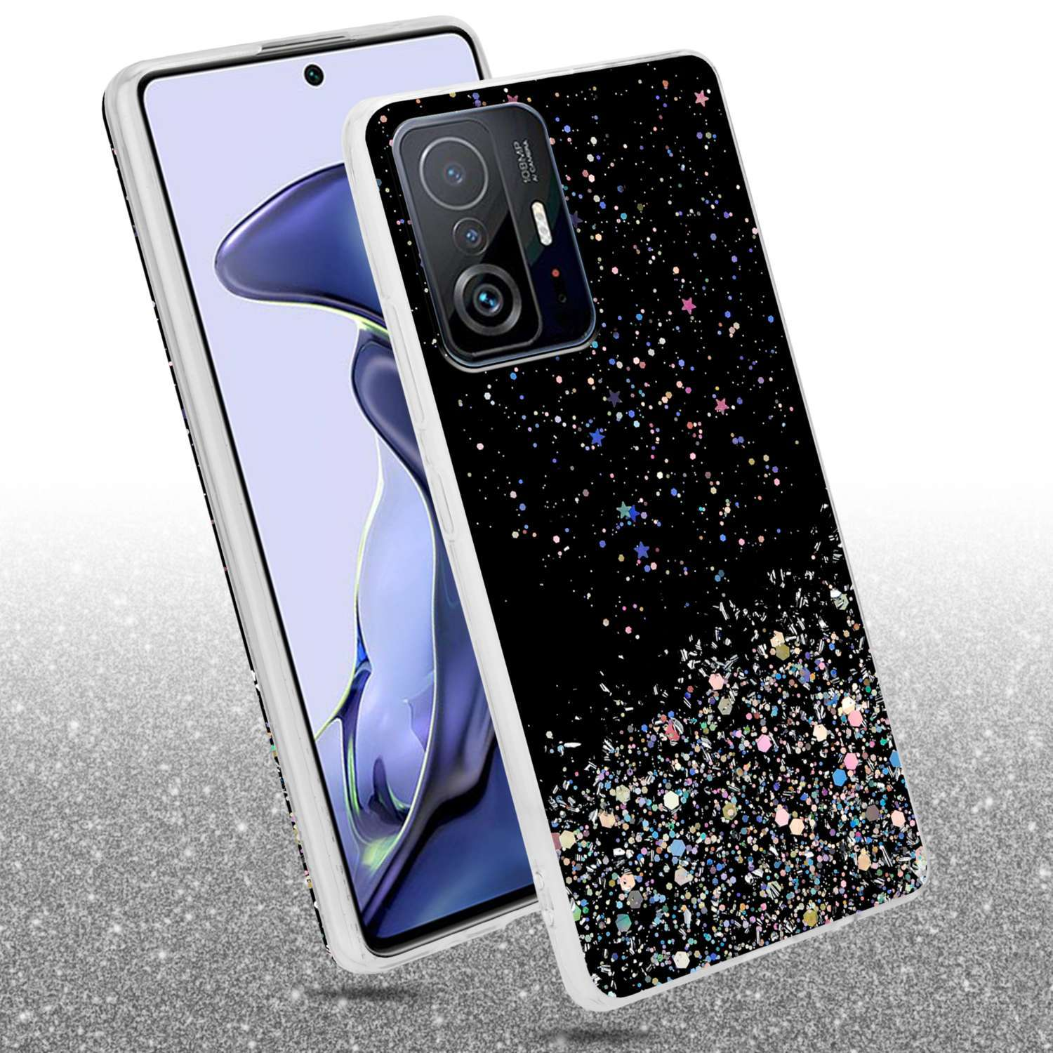 Una custodia per telefono con la parte superiore nera e la parte inferiore glitterata, con un telefono accanto.