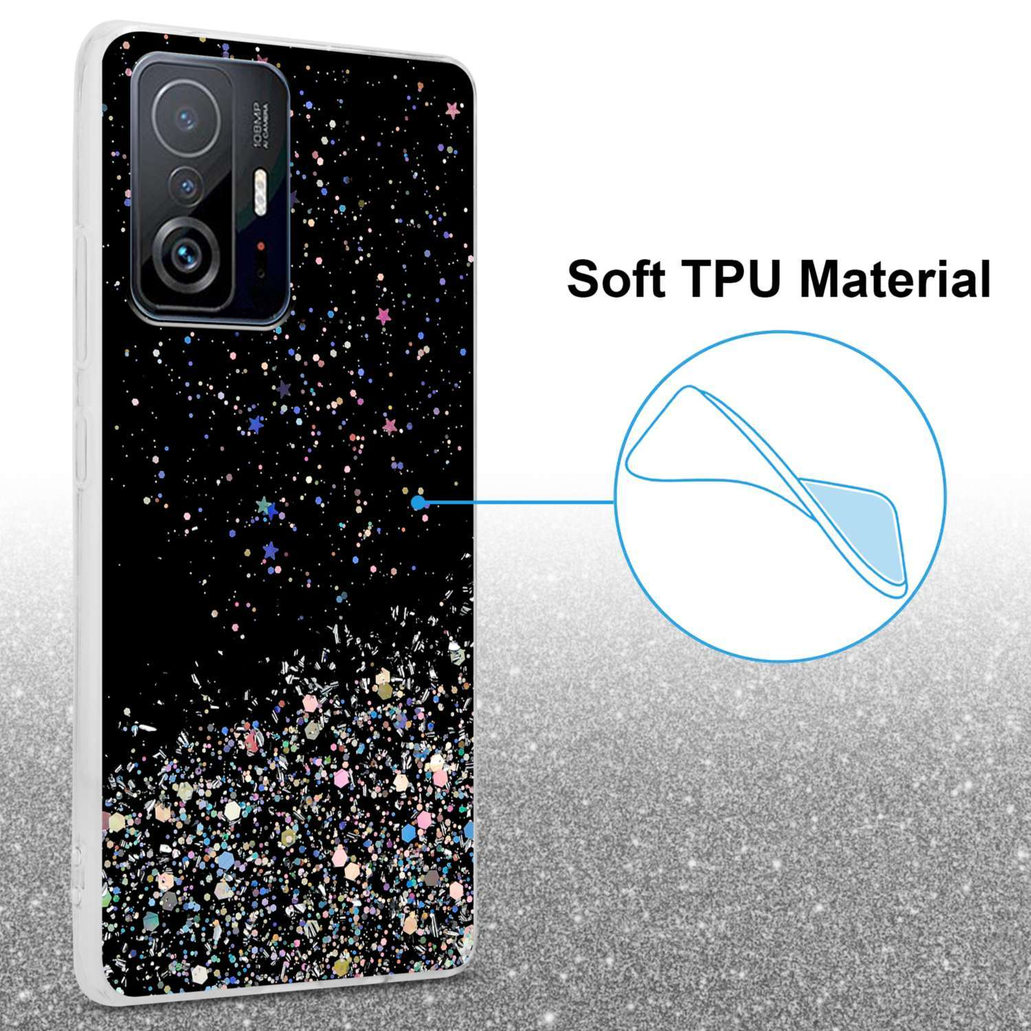Una custodia nera per telefono con glitter e stelle su sfondo nero. La custodia ha un telefono e una fotocamera.