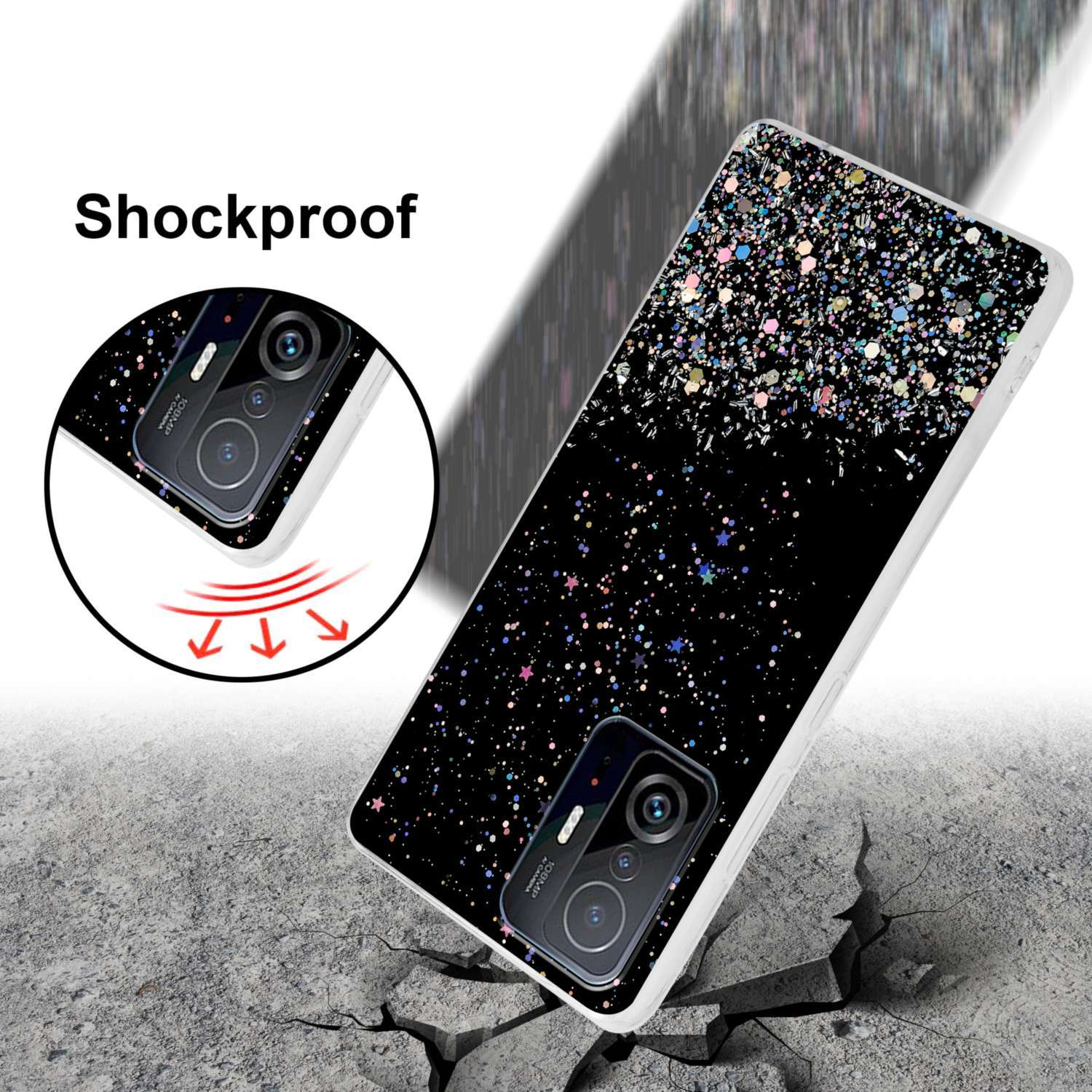 Una custodia per telefono con un design glitterato, con la fotocamera del telefono visibile, su una superficie incrinata.
