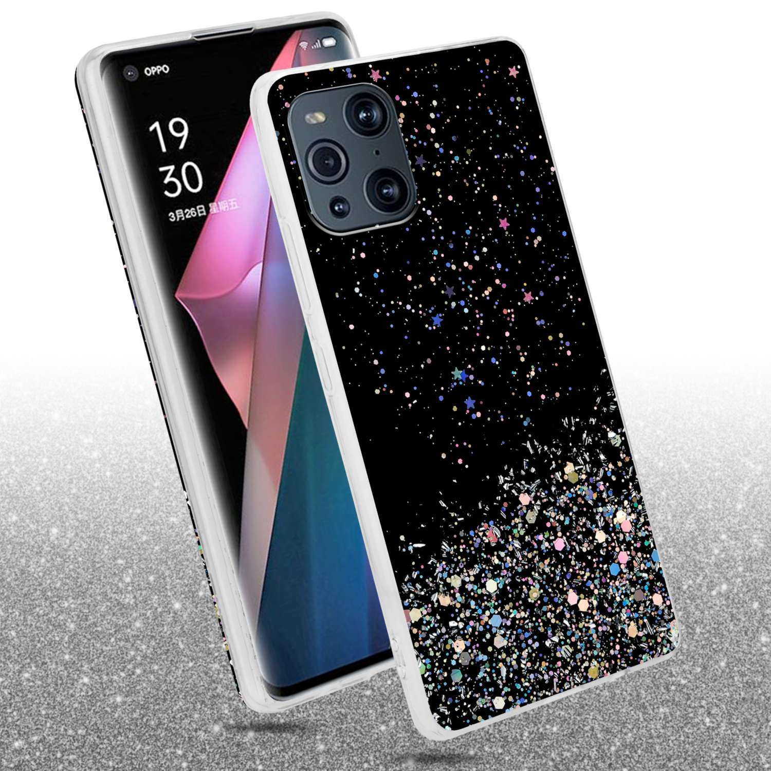 Un telefono in una custodia nera con glitter. Il telefono è angolato e mostra lo schermo.