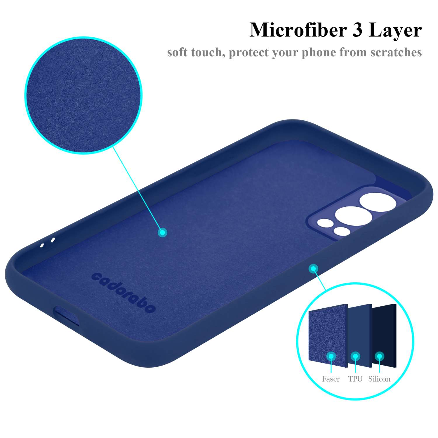 Custodia blu, che mostra strati, con contorno del telefono.