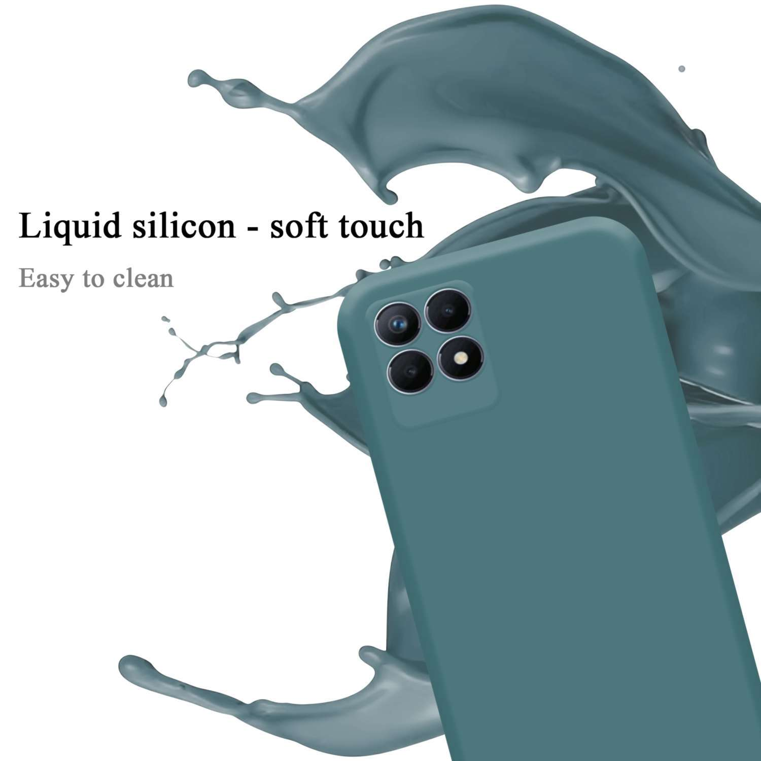 Custodia per telefono verde acqua con uno schizzo di liquido verde acqua e un telefono con fotocamere.