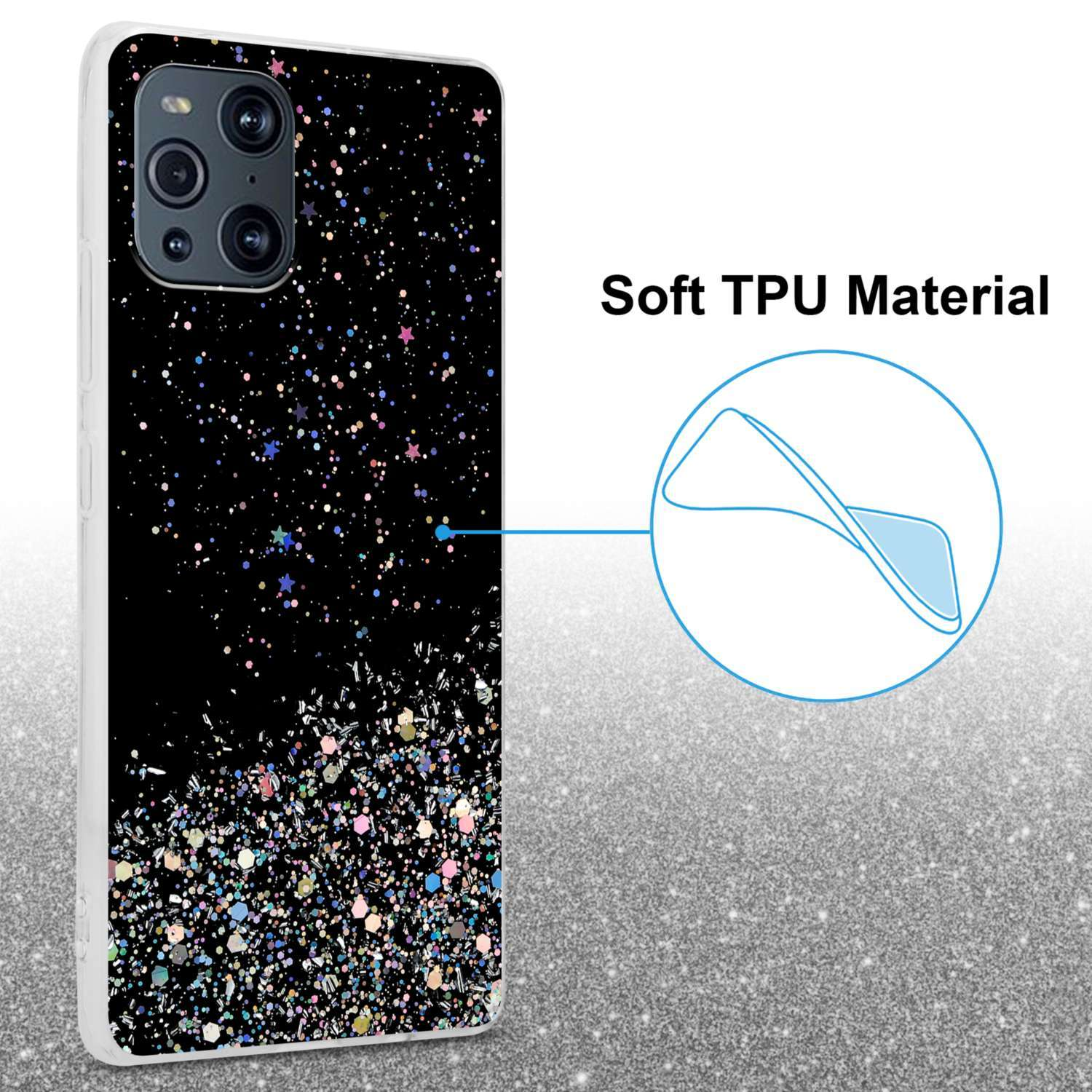 Custodia per telefono nera con design glitterato. Testo: Materiale TPU morbido.