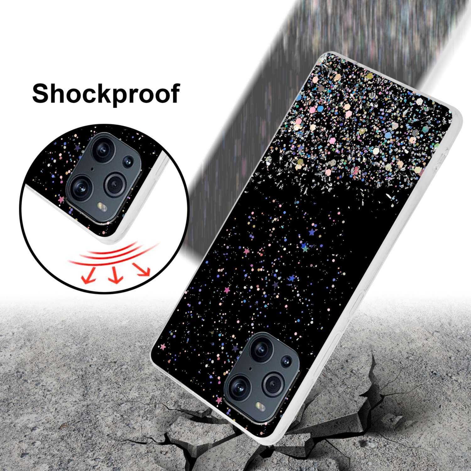 Custodia nera per telefono con glitter e stelle su una superficie incrinata. Design antiurto.