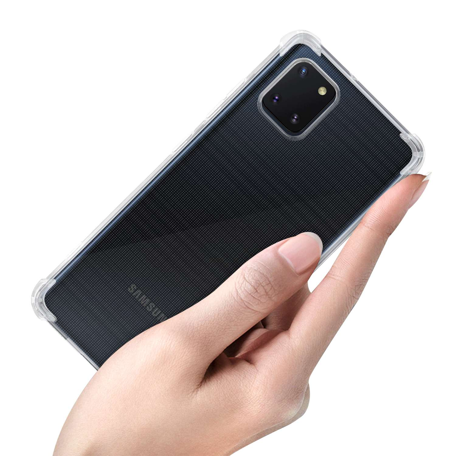Una mano tiene un telefono in una custodia trasparente. Il retro del telefono è visibile, con il logo Samsung.
