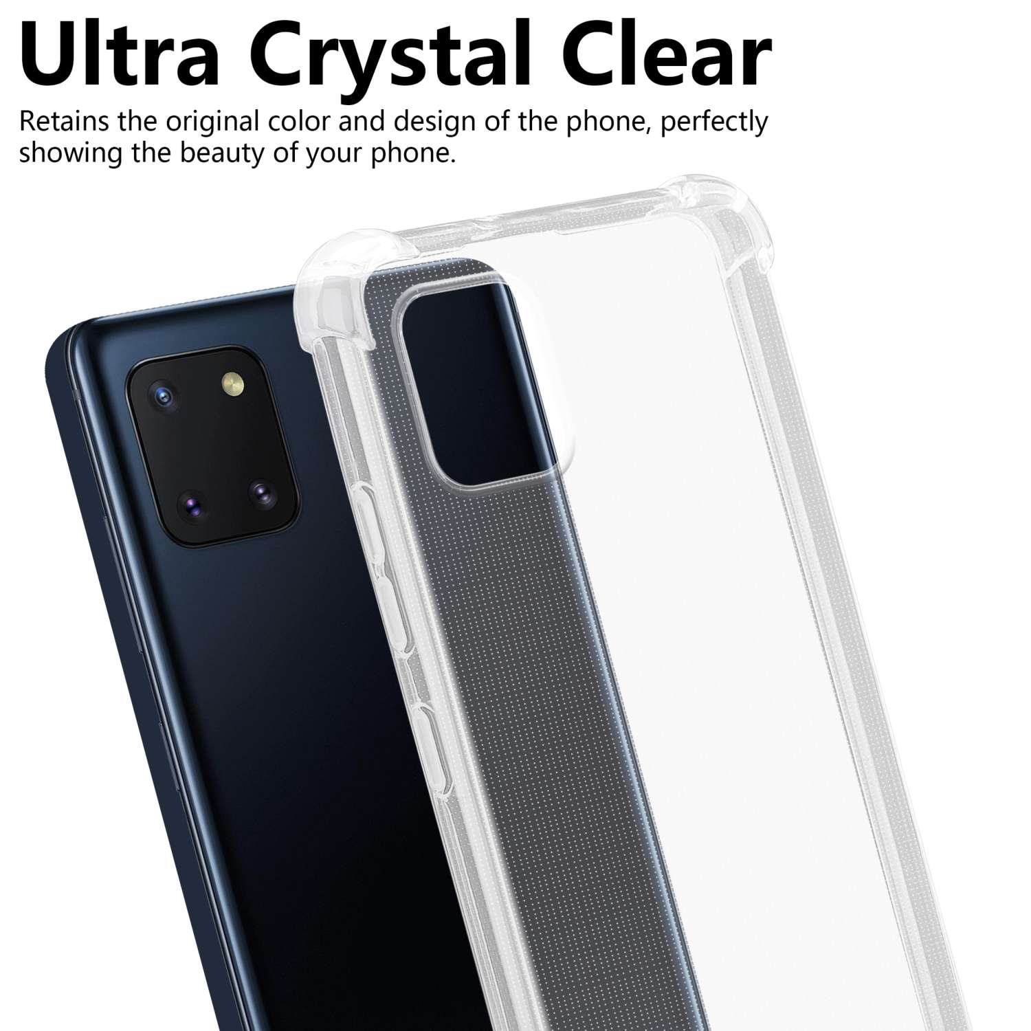 Una custodia trasparente per telefono su un telefono blu scuro. Testo 'Ultra Crystal Clear' in alto, mostra il design.