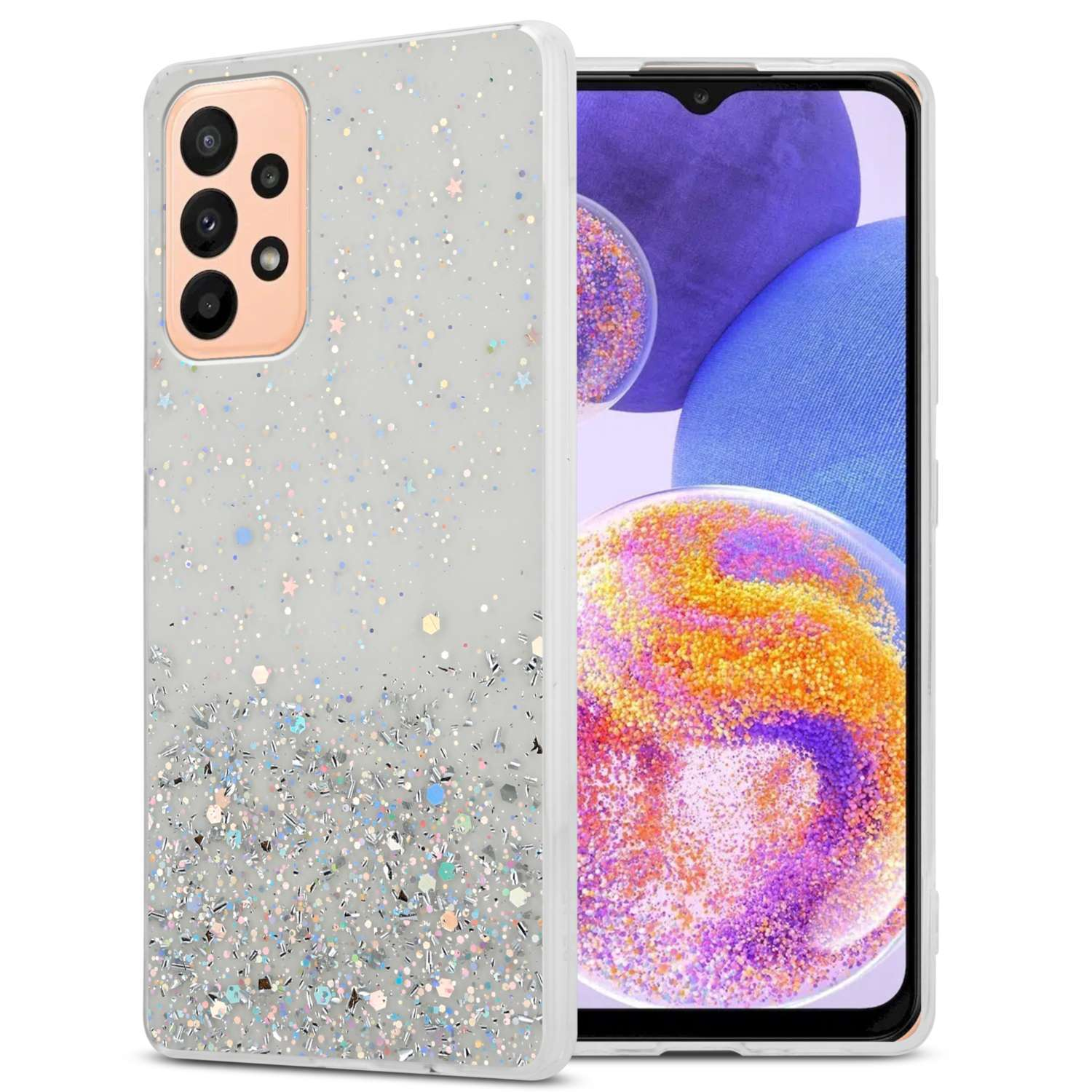 Ein Telefon in einer glitzernden Hülle mit Kamera und ein anderes Telefon in der Hülle.