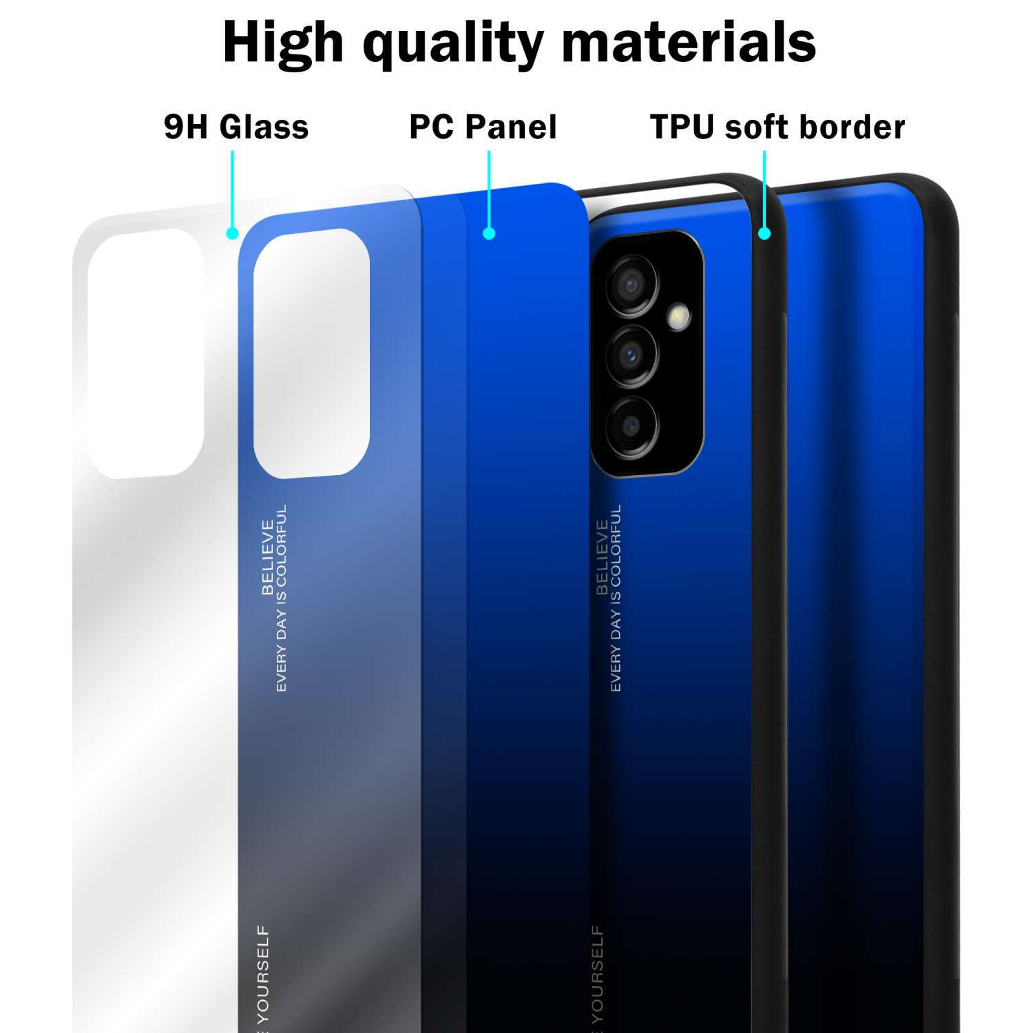 Una custodia per telefono che mostra strati con etichette di testo: Vetro 9H, Pannello PC, bordo morbido in TPU e il design del telefono.