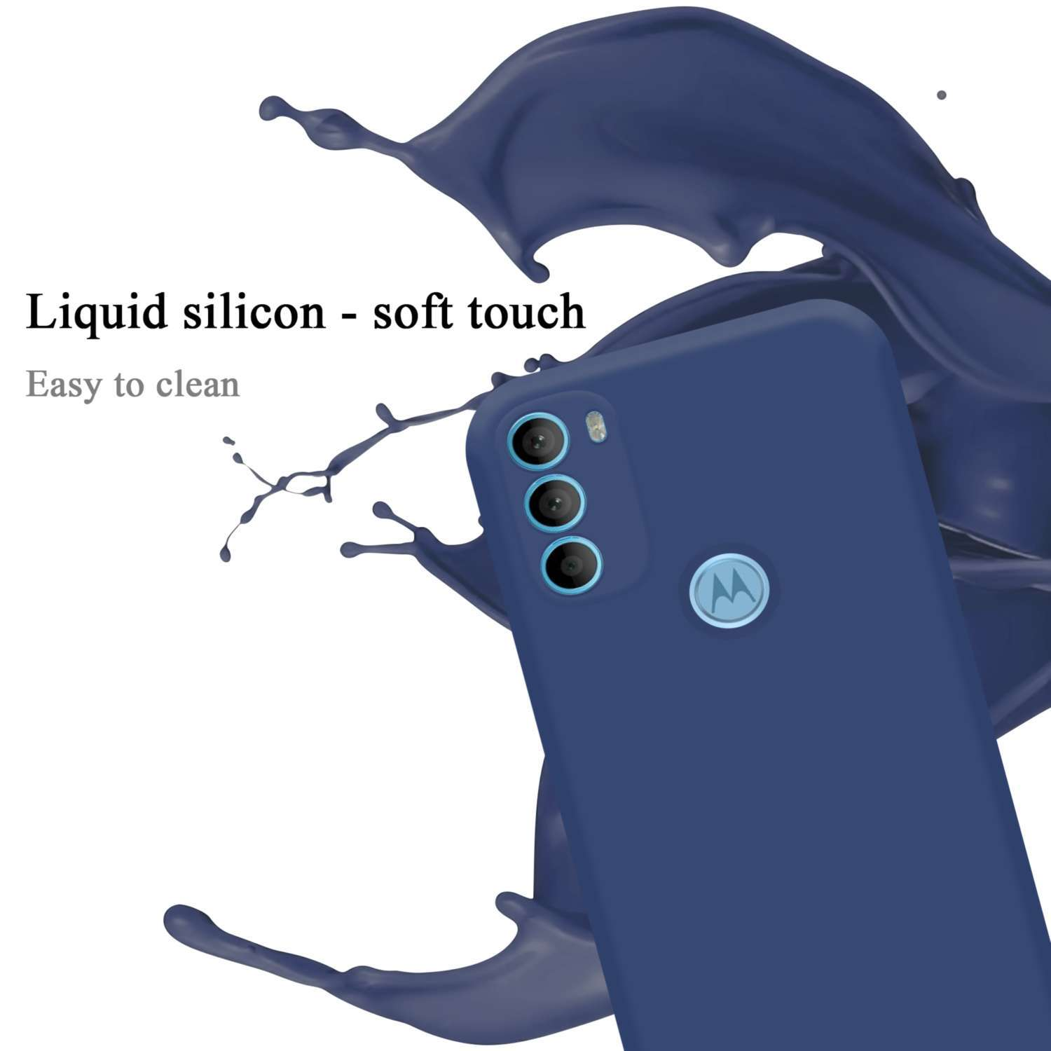 Custodia blu con schizzo di liquido blu vicino al telefono.