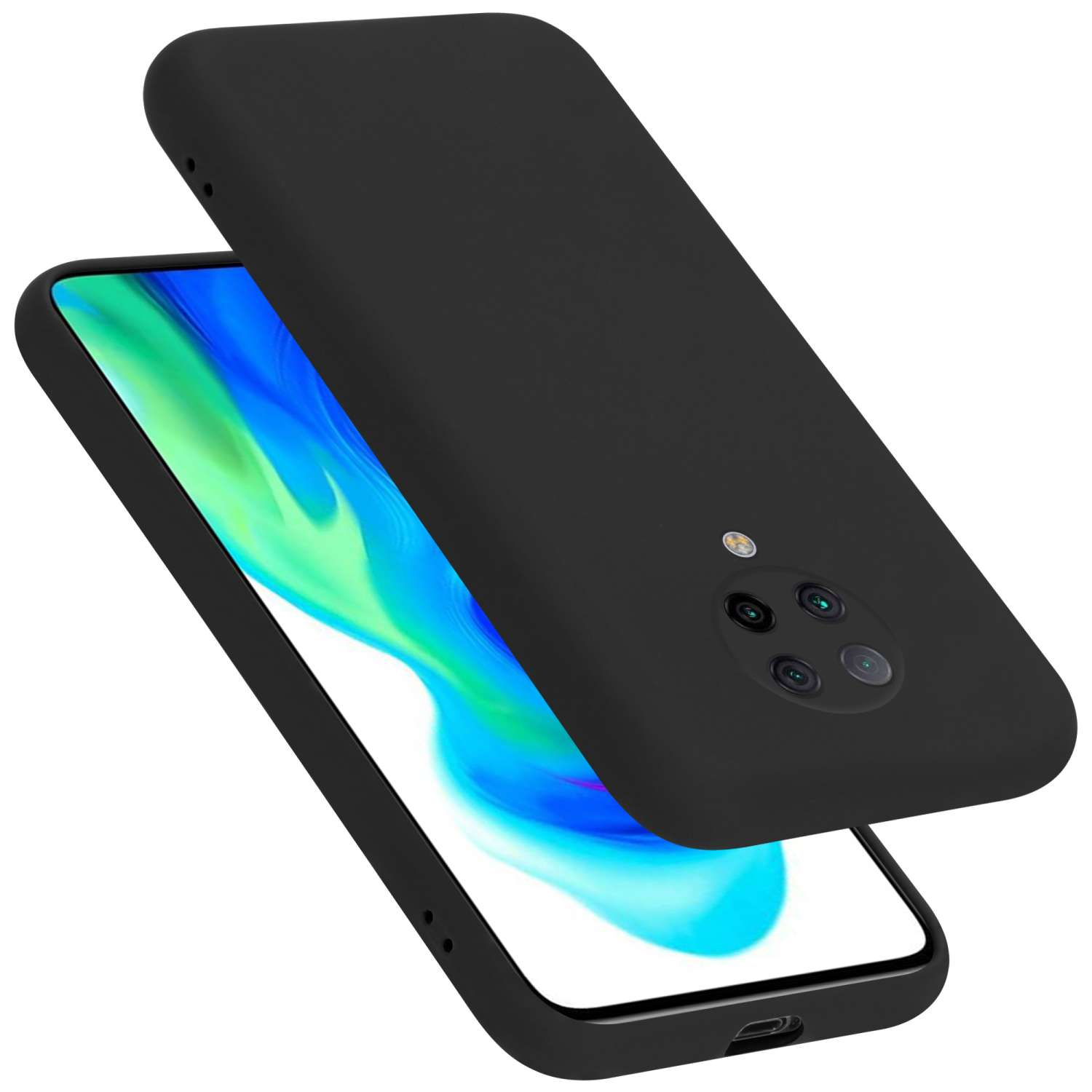 Teléfono negro con una funda a juego. La funda está en ángulo para mostrar las funciones.