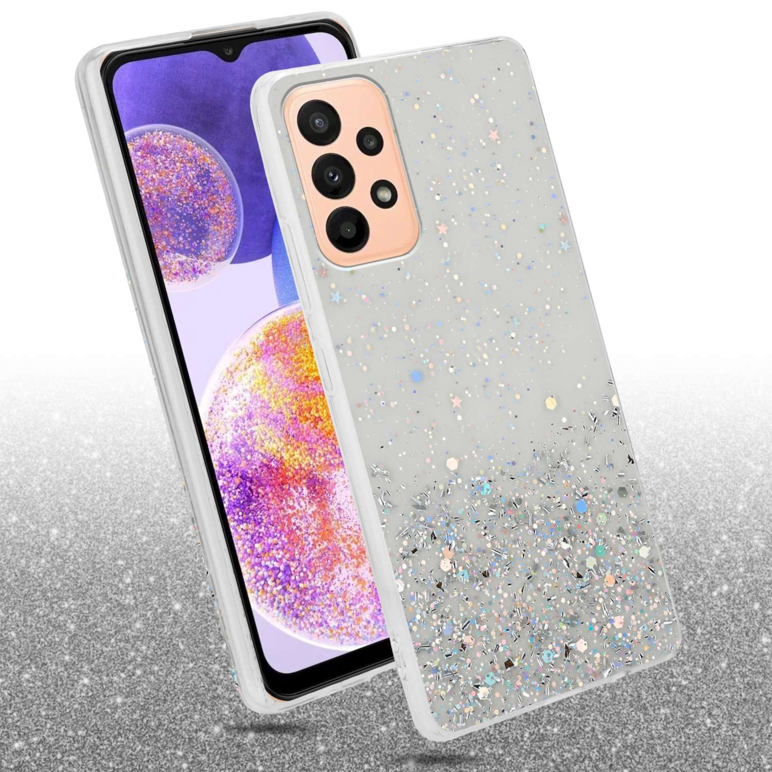 Handyhülle mit Glitzer. Telefon in der Hülle. Weißer Glitzer auf durchsichtiger Hülle. Weißer Hintergrund.