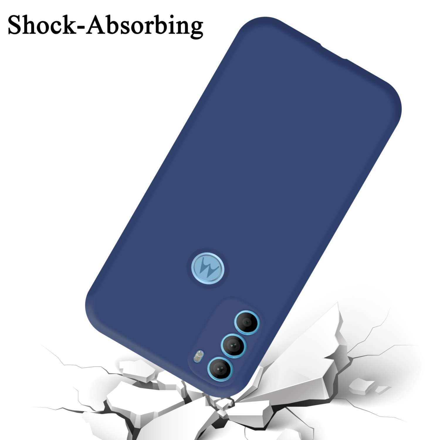 Una custodia blu per telefono che cade su un terreno bianco crepato. La custodia ha tre obiettivi e un logo.