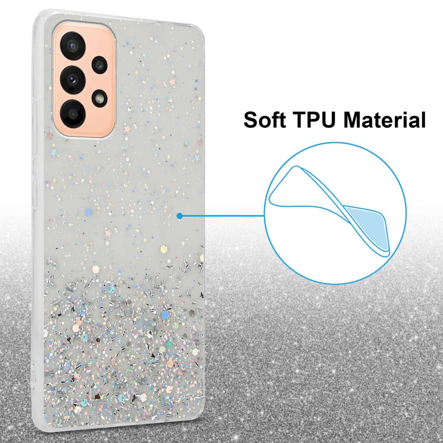 Weißes Handyhülle mit Glitzerdesign. Text 'Soft TPU Material' und Kreisumriss.