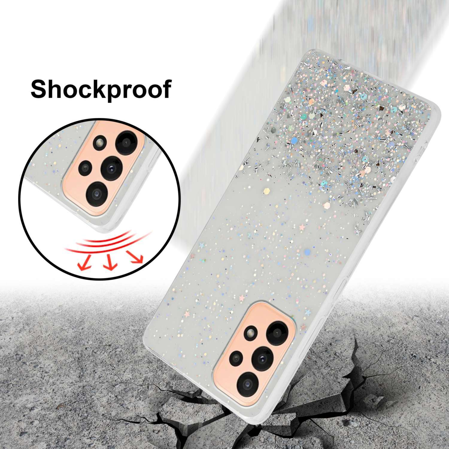 Handyhülle mit Glitzer. Telefon gezeigt, Aufprall mit Rissen. Text 'Shockproof' ist sichtbar.
