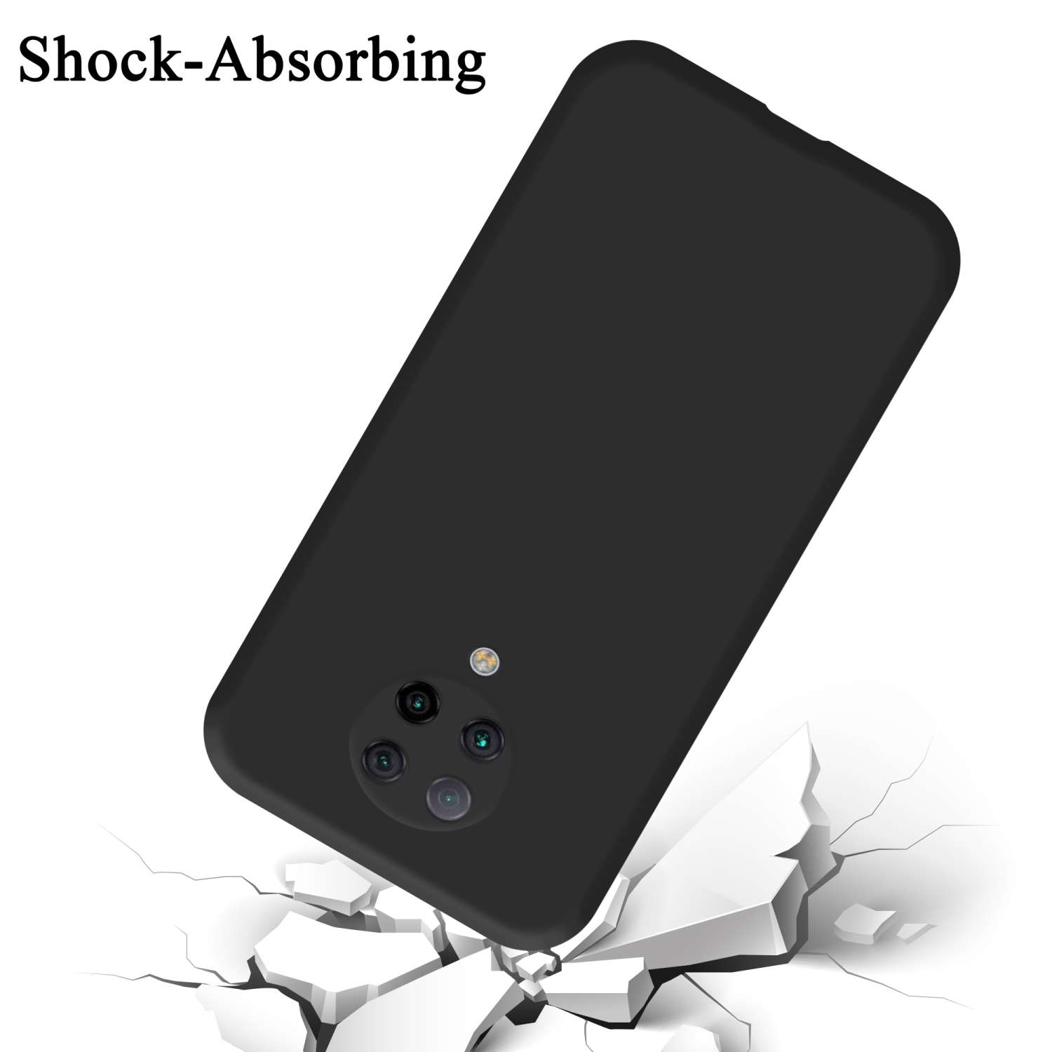Funda de teléfono negra cayendo. El teléfono está en el aire. Fondo blanco.