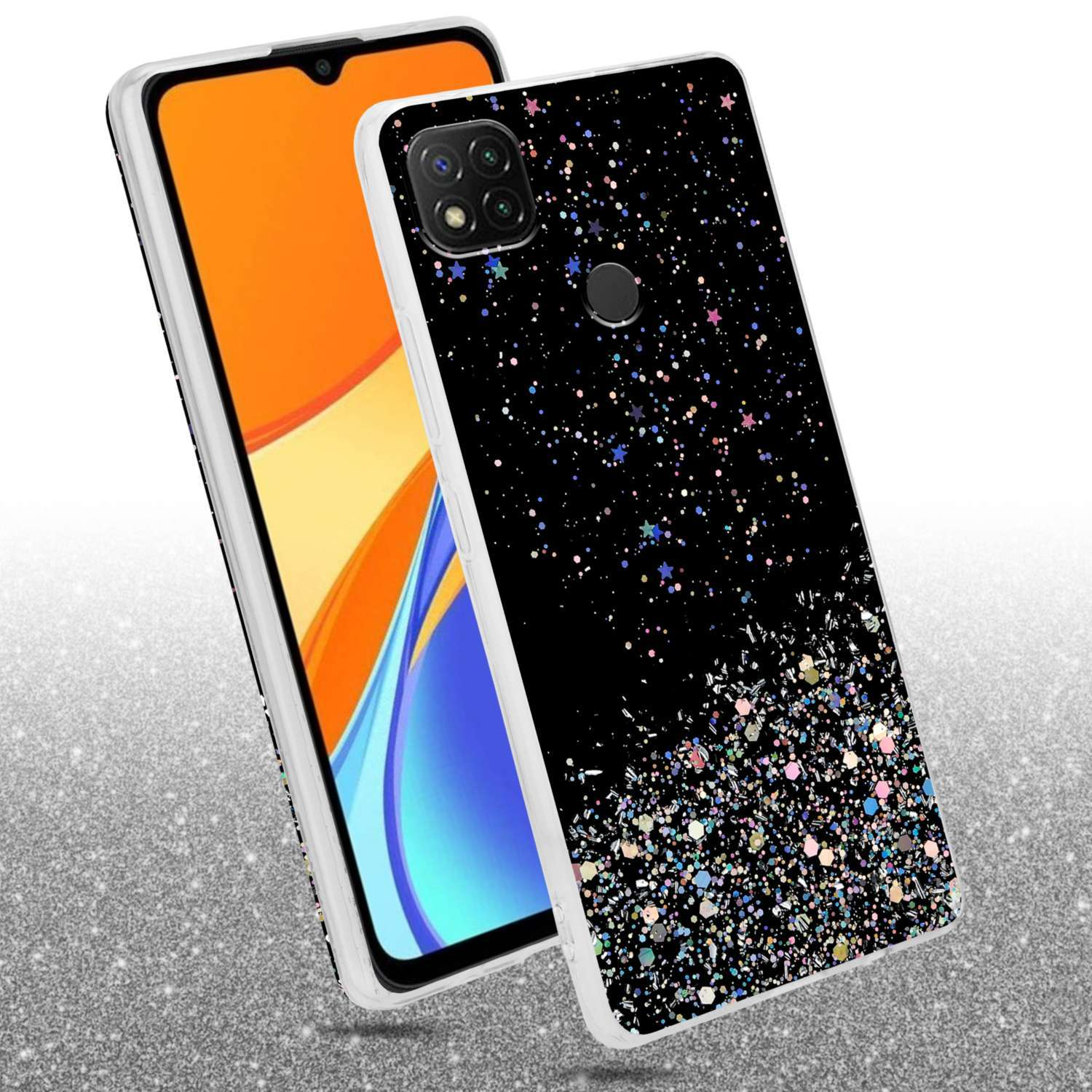 Due custodie per telefono, una nera con glitter e una bianca con schermo arancione. Superficie argentata.