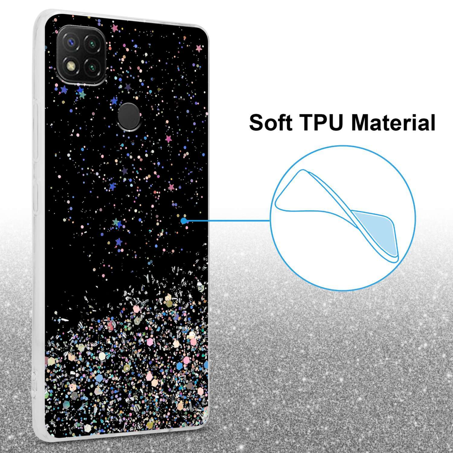 Custodia per telefono nera con glitter che sfumano. Materiale TPU morbido.