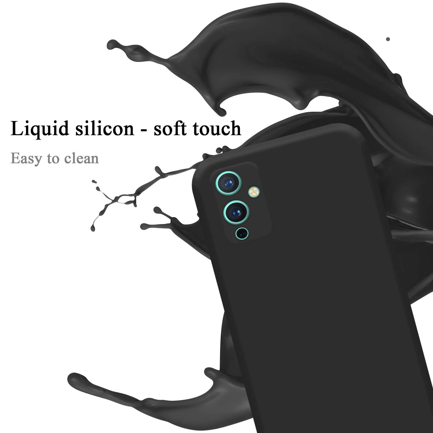 Una custodia per telefono coperta di brillantini su sfondo nero. Evidenzia la fotocamera del telefono e un morbido materiale TPU.