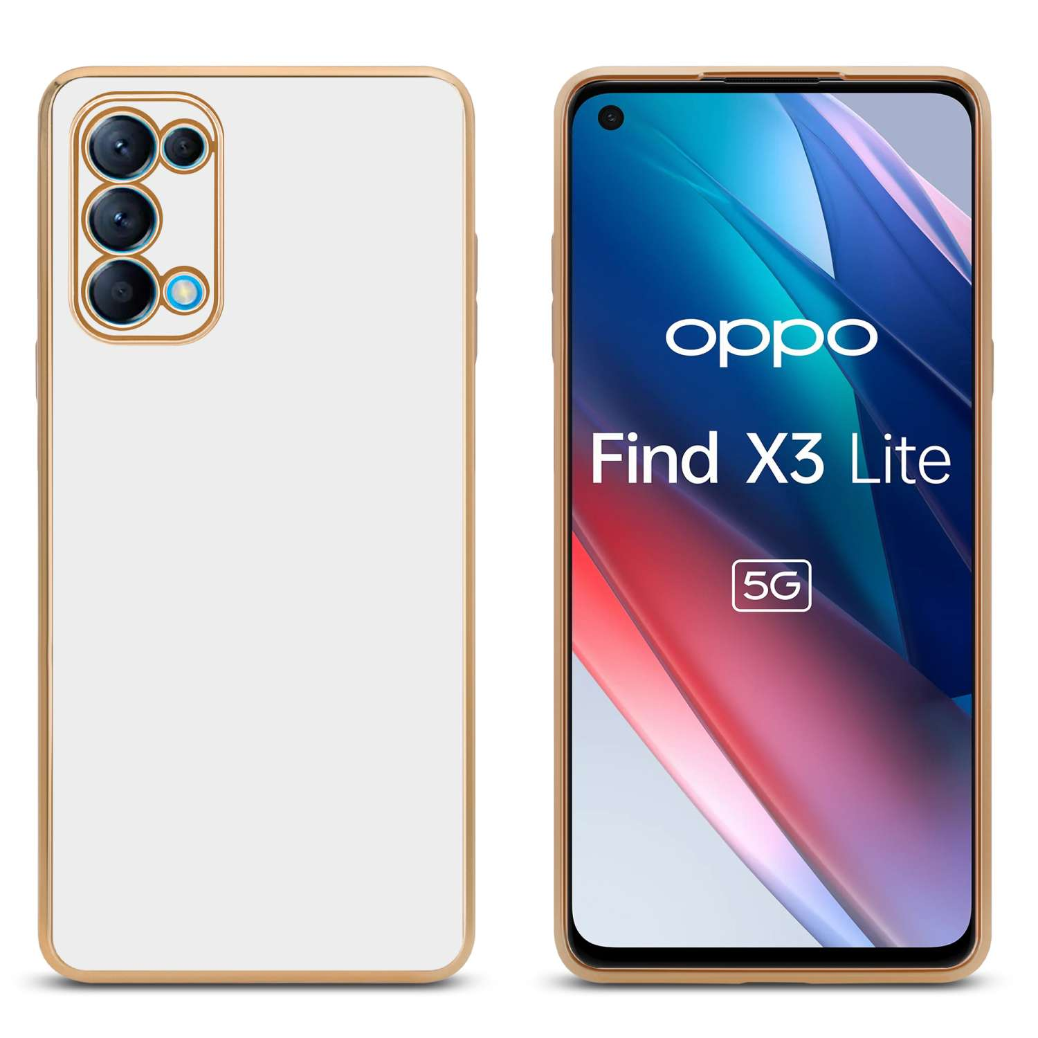 Due smartphone, uno bianco e uno con retro sfumato. Una custodia bianca visibile a sinistra.